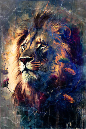 Lion with flowers on a grunge background. painting effect.の素材