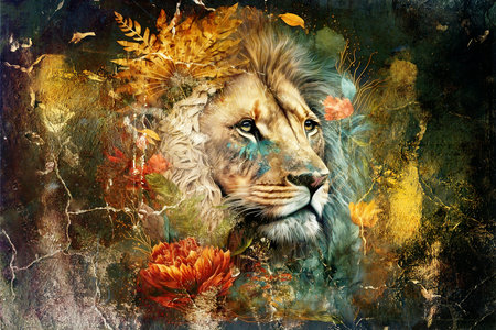 Lion and autumn flowers on grunge background. painting effect.の素材