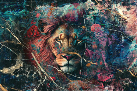 Lion in the forest. Original painting on canvas. color effect.の素材