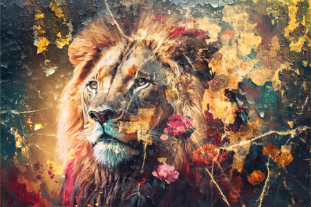 Lion head with flowers on a grunge background. digital painting.の素材