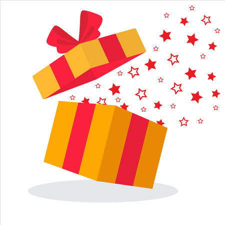 Open yellow gift box with festive explosion of stars. Special give away package, wonder gift with exclamation mark, surprise gift box, birthday celebration. stock illustrationのイラスト素材
