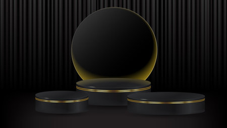 Set of three realistic 3D black cylinder pedestal podium set with dark curtains background. Vector abstract minimal wall scene for products stage showcase, Promotion display.のイラスト素材