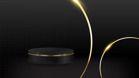 Abstract realistic 3D black cylinder pedestal podium with golden curved elements on dark background. Luxury black scene for product display presentation.のイラスト素材