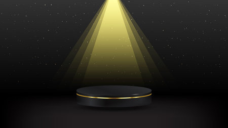 Abstract realistic 3D black cylinder pedestal podium with yellow spot light on dark background. Luxury black scene for product display presentation.のイラスト素材