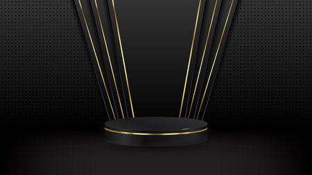 Abstract realistic 3D black cylinder pedestal podium with luxury dark background. Luxury black scene for product display presentation.のイラスト素材