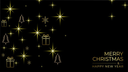 Merry Christmas background greetings. Xmas background template. Empty space with lights stars snowflakes and gifts. Merry Christmas card for Banner website and greetings.のイラスト素材