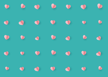 Valentine day background with pink and white hearts surrounded with clouds. Vector abstract...