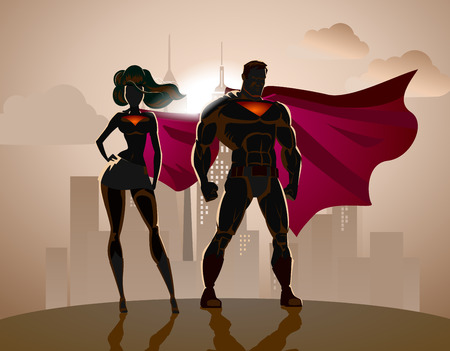 Superhero Couple: Male and female superheroes, posing in front of a light. City background.のイラスト素材