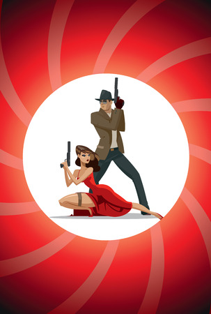 Team of super agents. Posing on camera. In gun barrel. Sexual woman in red dress. Illustrationのイラスト素材