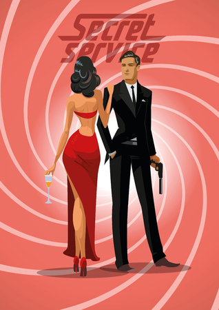 Team of super agents. Posing on camera. In gun barrel. Sexual woman in red dress. illustrationのイラスト素材