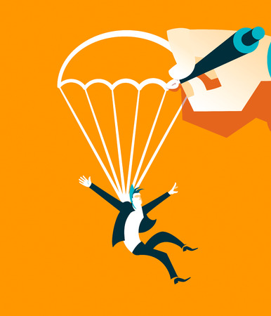 Hand draws a parachute falling man. Vector illustrationのイラスト素材