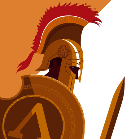 Greek Spartan Warrior or Trojan Soldier holding shield and sword - Vector Illustrationのイラスト素材