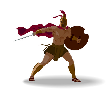 Angry spartan warrior with armor and hoplite shield holding a sword. Isolated. Vector illustrationの写真素材