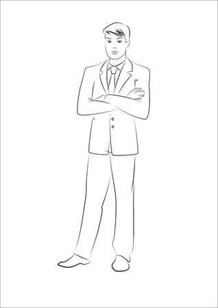 Young businessman standing. Outline sketch. Vector illustration isolated on a white backgroundのイラスト素材
