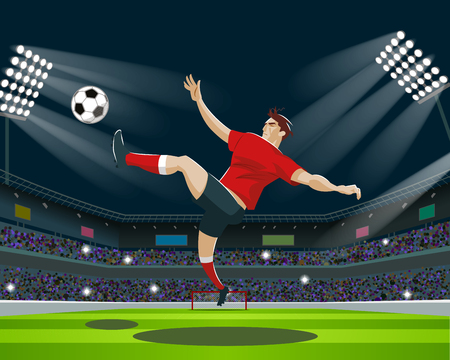 Soccer Player Kicking Ball in stadium. Light, stands, fans. Vector Illustrationのイラスト素材