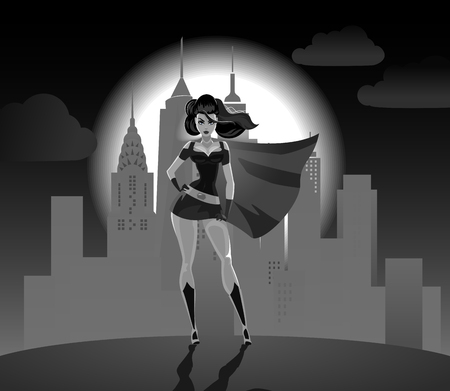 Super Heroine silhouette: Super heroine over city background.のイラスト素材