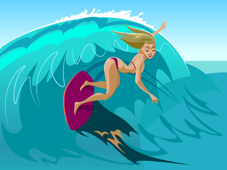 Young girl with surfboard riding a wave Cartoon vector illustrationのイラスト素材
