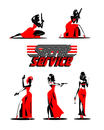 Set of super agents, Posing on camera. Sexy woman in red dress.のイラスト素材