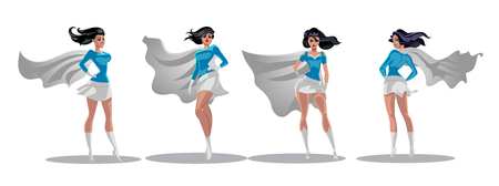 Comic superwoman actions in different poses. Female superhero vector cartoon characters. Illustration of superhero woman cartoon, character female heroicのイラスト素材