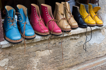 Leather boots colored fabrics have beenの写真素材