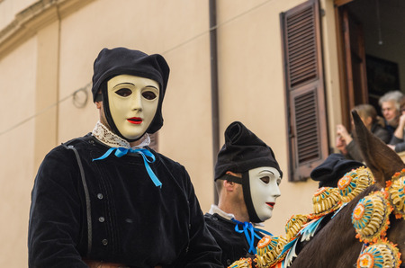Oristano, Sardinia, Italy - February 17, 2015: Knights masked, race to the star of Sartiglia. Oristano, Sardinia, Italy.のeditorial素材