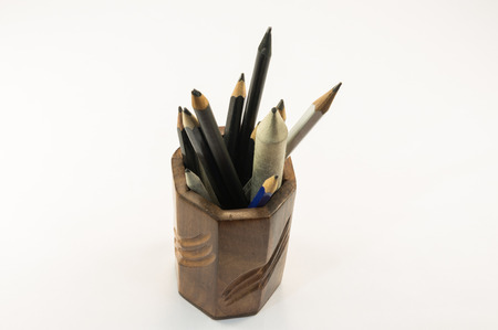 Pencils and smudge in a wooden containerの写真素材