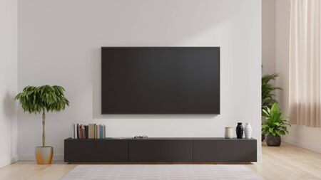 Smart TV on the white wall in living room,minimal design,3d renderingの写真素材