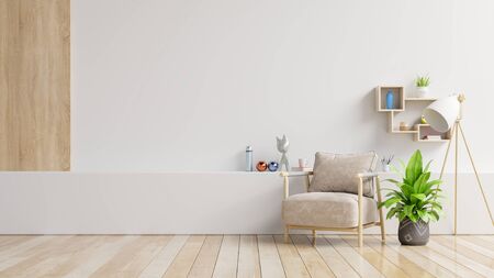 The interior has a armchair on empty white wall background,3D renderingの写真素材