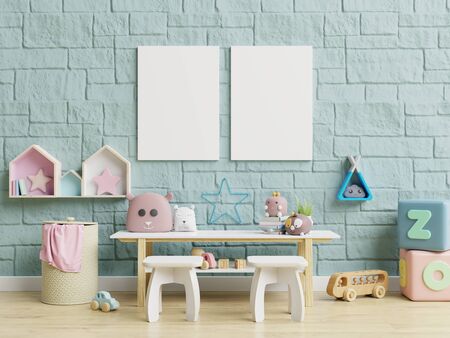 Interior kids room wallpaper/Mockup posters in child room interior,3d renderingの写真素材