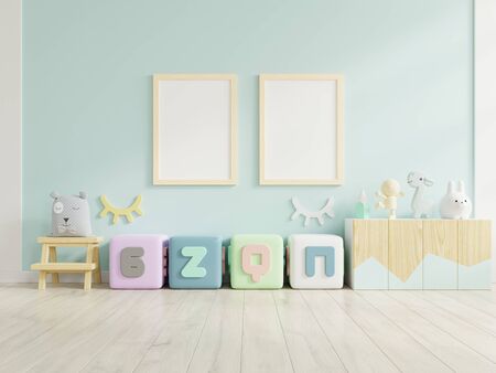 Mock up poster frame in children room,kids room,nursery mockup,3d renderingの写真素材