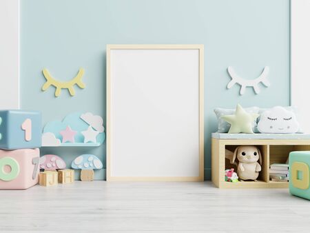Mock up poster frame in children room,kids room,nursery mockup,3d renderingの写真素材