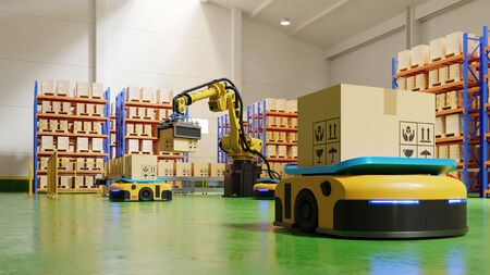 Factory Automation with AGV and robotic arm in transportation to increase transport more with safety.3D rendering