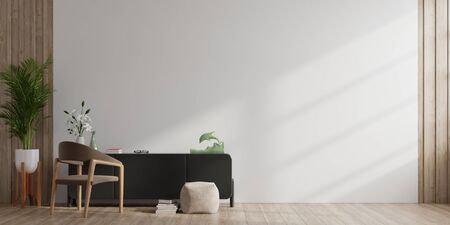 Interior of a bright living room with armchair on empty white wall background.3D renderingの写真素材