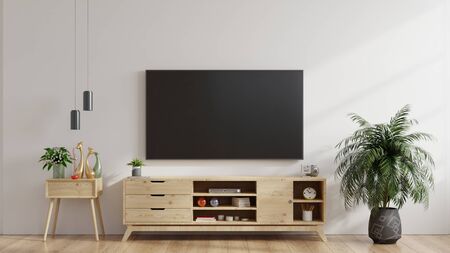 LED TV on the white wall in living room,minimal design,3d renderingの写真素材