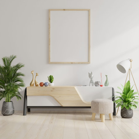 Mock up poster frame on cabinet in interior.3d rendering
