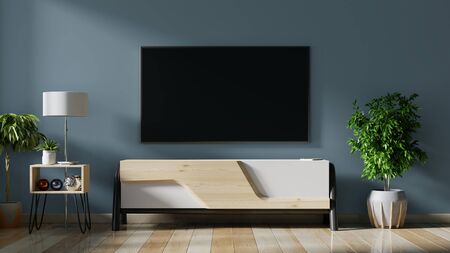 LED TV on the dark wall in living room,minimal design,3d renderingの写真素材