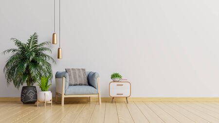 The interior has a armchair on empty white wall background,3D renderingの写真素材