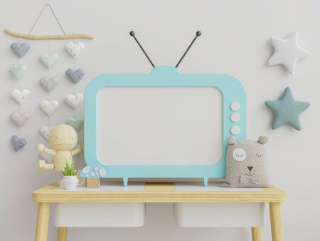 Mockup TV in the children's room on wall white colors background.3D Renderingの写真素材