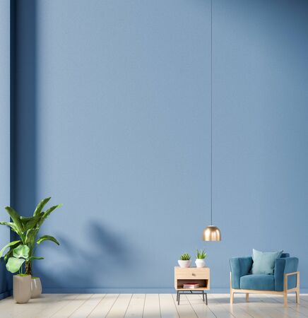 The interior has a armchair on empty dark blue wall background,3D renderingの写真素材