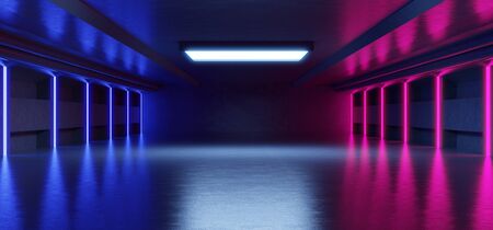 Abstract blue and pink neon light shapes on black background for placing products with concrete background,3d renderingの写真素材