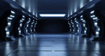 Empty light blue studio room futuristic Sci Fi big hall room with lights blue, Future background for design,3d renderingの写真素材