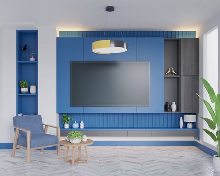TV Room Classic Blue wall,3d renderingの写真素材