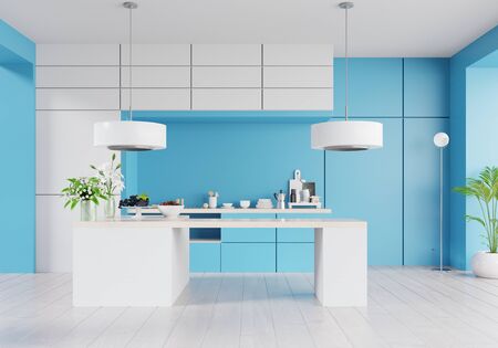 Kitchen interior with wall on classic blue color of the Year 2020,3d renderingの写真素材