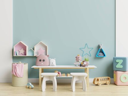 Mockup wall in the children's room on wall dark blue colors background.3D Renderingの写真素材