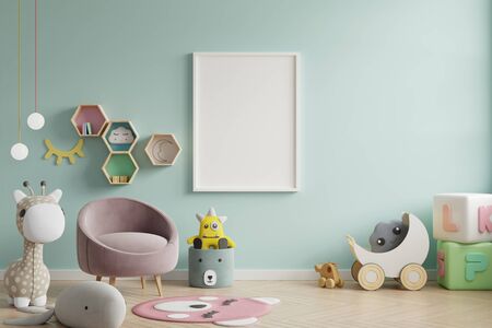 Mock up poster frame in children room,kids room,nursery mockup,green wall,3d renderingの写真素材