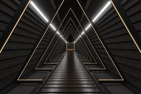 Science background fiction interior room Triangle Dark Empty Corridor With Door sci-fi spaceship corridors yellow ,3D renderingの写真素材
