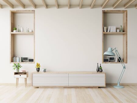 Cabinet TV on the wooden floor in modern living room,3d renderingの写真素材