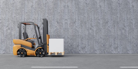 Forklift transporting on a road and concrete wall,3d Rendering