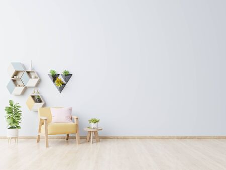 Living room with wooden table, lamps and yellow armchair, 3d renderingの写真素材