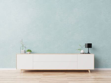 Cabinet Tv in living room, blue walls ,3D renderingの写真素材